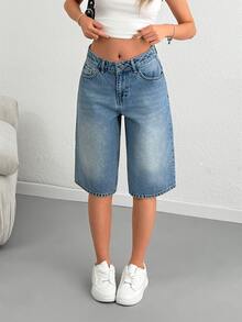 SHEIN شورت جينز كاجوال للنساء بخصر عالي وطول متوسط وغسيل متوسط - أزرق متوسط - مشاهدة 8