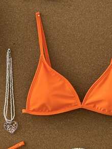 SHEIN Swim 纯色三角杯比基尼套装，度假沙滩装 - 橘色 - 查看 5