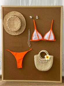 SHEIN Swim 纯色三角杯比基尼套装，度假沙滩装 - 橘色 - 查看 2