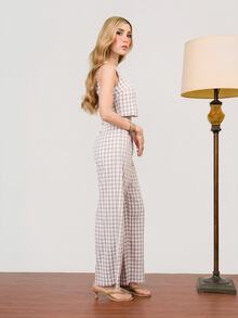 PRISCILA ESCOTO PRISCILA ESCOTO Women's Fabric Plaid Round Neck Sleeveless Crop Top And Regular Two Piece Pants Set Casual Apricot - Apricot - View 7