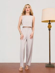 PRISCILA ESCOTO PRISCILA ESCOTO Women's Fabric Plaid Round Neck Sleeveless Crop Top And Regular Two Piece Pants Set Casual Apricot - Apricot - View 6