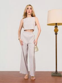 PRISCILA ESCOTO PRISCILA ESCOTO Women's Fabric Plaid Round Neck Sleeveless Crop Top And Regular Two Piece Pants Set Casual Apricot - Apricot - View 2