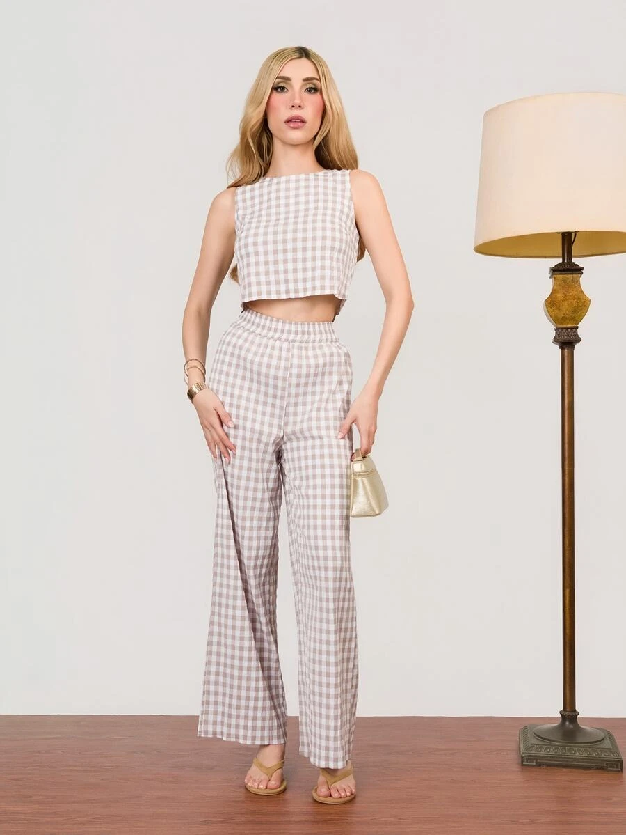 PRISCILA ESCOTO PRISCILA ESCOTO Women's Fabric Plaid Round Neck Sleeveless Crop Top And Regular Two Piece Pants Set Casual Apricot
