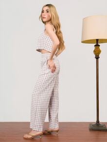 PRISCILA ESCOTO PRISCILA ESCOTO Women's Fabric Plaid Round Neck Sleeveless Crop Top And Regular Two Piece Pants Set Casual Apricot - Apricot - View 5