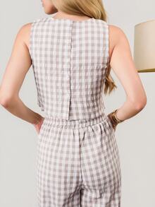PRISCILA ESCOTO PRISCILA ESCOTO Women's Fabric Plaid Round Neck Sleeveless Crop Top And Regular Two Piece Pants Set Casual Apricot - Apricot - View 4