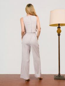 PRISCILA ESCOTO PRISCILA ESCOTO Women's Fabric Plaid Round Neck Sleeveless Crop Top And Regular Two Piece Pants Set Casual Apricot - Apricot - View 3