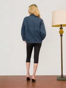 PRISCILA ESCOTO PRISCILA ESCOTO Jaket Denim Kasual Longgar Lengan Panjang Bahu Jatuh Wanita, Resleting, Ukuran Besar, Biru Tua, Musim Gugur, Kasual, Perjalanan Darat - Biru - View 2