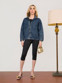 PRISCILA ESCOTO PRISCILA ESCOTO Jaket Denim Kasual Longgar Lengan Panjang Bahu Jatuh Wanita, Resleting, Ukuran Besar, Biru Tua, Musim Gugur, Kasual, Perjalanan Darat - Biru - View 5