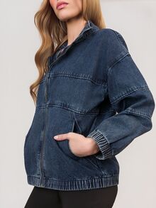 PRISCILA ESCOTO PRISCILA ESCOTO Jaket Denim Kasual Longgar Lengan Panjang Bahu Jatuh Wanita, Resleting, Ukuran Besar, Biru Tua, Musim Gugur, Kasual, Perjalanan Darat - Biru - View 3