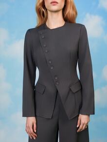 PRISCILA ESCOTO PRISCILA ESCOTO Women's Elegant Gray 2 Pieces Suit Set,Autumn Business Corporate Office Workwear,Asymmetric Lapel Button Blazer And High Waist Long Pants Outfits - Dark Grey - View 4