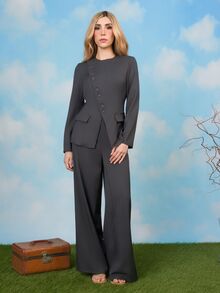 PRISCILA ESCOTO PRISCILA ESCOTO Women's Elegant Gray 2 Pieces Suit Set,Autumn Business Corporate Office Workwear,Asymmetric Lapel Button Blazer And High Waist Long Pants Outfits - Dark Grey - View 6
