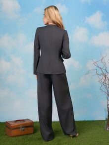 PRISCILA ESCOTO PRISCILA ESCOTO Women's Elegant Gray 2 Pieces Suit Set,Autumn Business Corporate Office Workwear,Asymmetric Lapel Button Blazer And High Waist Long Pants Outfits - Dark Grey - View 3