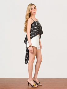 PRISCILA ESCOTO PRISCILA ESCOTO Retro Polka Dot Women's Sexy Backless Polka Dot Print Tie-Front Asymmetrical Hem Camisole, Summer Holiday Style Party - Black and White - View 6