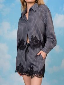 PRISCILA ESCOTO PRISCILA ESCOTO 灰色条纹短衬衫和短裤套装，黑色蕾丝装饰女士两件套短裤套装 - 灰色 - 查看 3