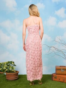 PRISCILA ESCOTO PRISCILA ESCOTO Pink Floral Sequin Mesh Spaghetti Strap Bodycon Dress,Elegant Romantic Summer Cutout Fitted Silhouette Shimmering Style For Dining Parties - Pink - View 2