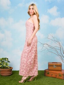 PRISCILA ESCOTO PRISCILA ESCOTO Pink Floral Sequin Mesh Spaghetti Strap Bodycon Dress,Elegant Romantic Summer Cutout Fitted Silhouette Shimmering Style For Dining Parties - Pink - View 6