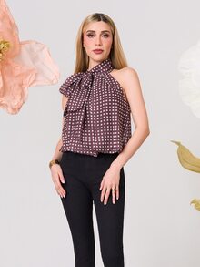 PRISCILA ESCOTO PRISCILA ESCOTO 情人节女士时尚派对毕业蝴蝶结波点印花吊带背心波点上衣系带上衣棕色波点派对上衣蝴蝶结领上衣波点上衣无袖上衣棕色波点上衣系带上衣春季上衣度假上衣 - 棕色 - 查看 5