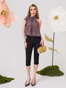 PRISCILA ESCOTO PRISCILA ESCOTO 情人节女士时尚派对毕业蝴蝶结波点印花吊带背心波点上衣系带上衣棕色波点派对上衣蝴蝶结领上衣波点上衣无袖上衣棕色波点上衣系带上衣春季上衣度假上衣 - 棕色 - 查看 1