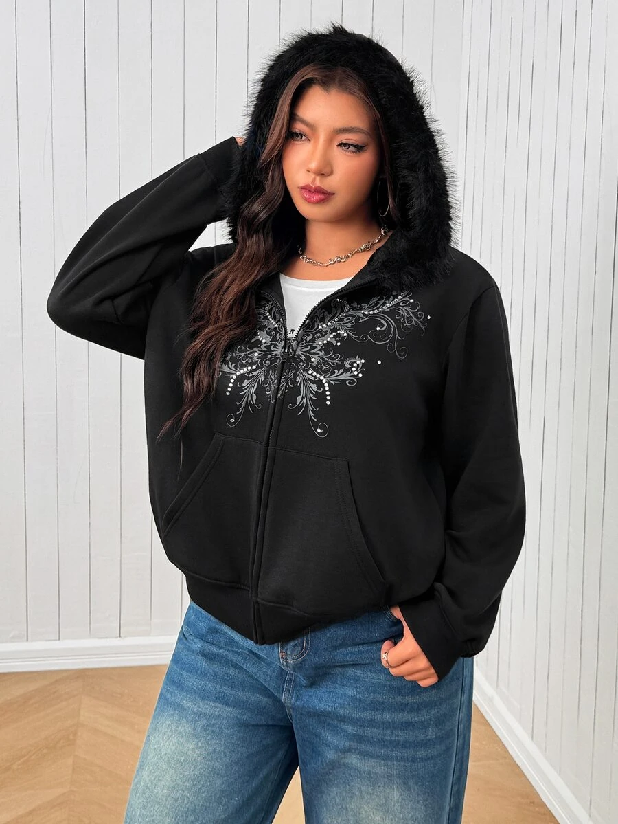 SHEIN EZwear 大尺碼秋冬系列:萬聖節服飾及日常休閒連帽衛衣 - 黑色 - 查看 1