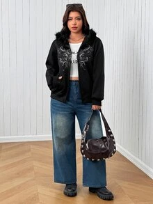 مجموعة SHEIN EZwear للمقاسات الكبيرة، خريف/شتاء: سويت شيرت بغطاء رأس للهالوين ومناسب للارتداء اليومي - الأسود - مشاهدة 6