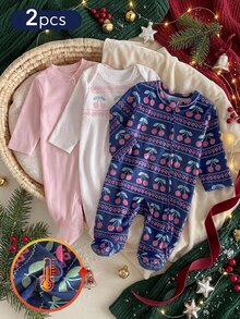 2-Pack Newborn Soft Comfortable Fresh Cute Cherry Print Casual Minimalist Long Sleeve Footed Romper 2 Pieces Set, Autumn/Winter Plush Style - Multicolor - View 6