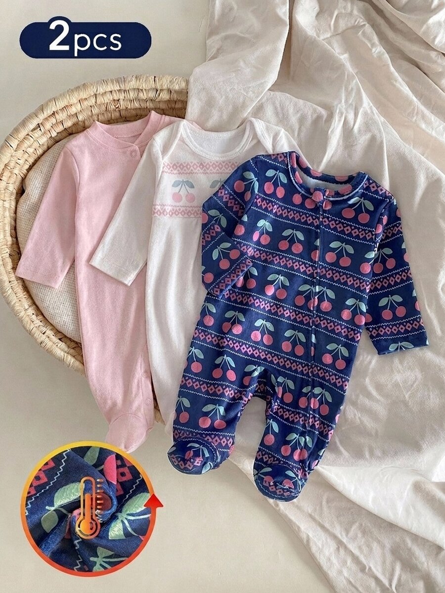 2-Pack Newborn Soft Comfortable Fresh Cute Cherry Print Casual Minimalist Long Sleeve Footed Romper 2 Pieces Set, Autumn/Winter Plush Style - Multicolor - View 1