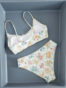 SHEIN Swim Women's Random Floral Print Ruffle Trim Bikini Set Set, Summer - Multicolor - View 4