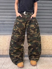 ROMWE MEN Men's Loose Camouflage Cargo Denim Jeans - Army Green - View 3