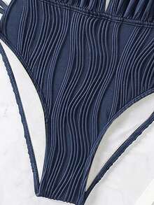 SHEIN Swim 女款夏季海灘派對深V掛脖露背抓皺鏤空連身泳衣 度假用 海軍藍 繃帶式 性感輕盈 - 藏蓝色 - 查看 6