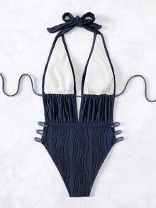 SHEIN Swim 女款夏季海灘派對深V掛脖露背抓皺鏤空連身泳衣 度假用 海軍藍 繃帶式 性感輕盈 - 藏蓝色 - 查看 4