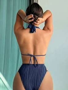 SHEIN Swim 女款夏季海灘派對深V掛脖露背抓皺鏤空連身泳衣 度假用 海軍藍 繃帶式 性感輕盈 - 藏蓝色 - 查看 2
