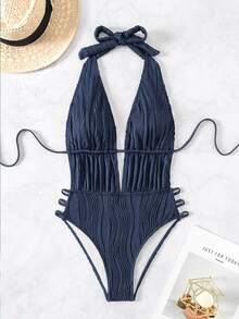 SHEIN Swim 女款夏季海灘派對深V掛脖露背抓皺鏤空連身泳衣 度假用 海軍藍 繃帶式 性感輕盈 - 藏蓝色 - 查看 3