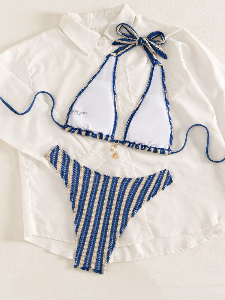 Swim SXY Blue And White Vertical Striped Halter Triangle Bikini Set, Halter Tie Design To Flatter Shoulder And Neckline, Triangle Cup Style Friendly For Small Busts With Natural Push-Up Effect, High-Cut Triangle Bottom To Elongate Leg Line, Strong Overall Cohesion, Suitable For Beach, Pool, And Island Scenes - Blue - View 2