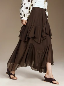 Ontre Ruffle Trim Asymmetrical Hem Skirt Tea Party Formal Work Garden Party Dark Brown Autumn Romantic Casual Elegant - Mocha Brown - View 1