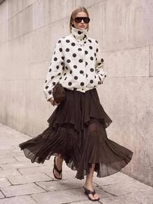 Ontre Ruffle Trim Asymmetrical Hem Skirt Tea Party Formal Work Garden Party Dark Brown Autumn Romantic Casual Elegant - Mocha Brown - View 2