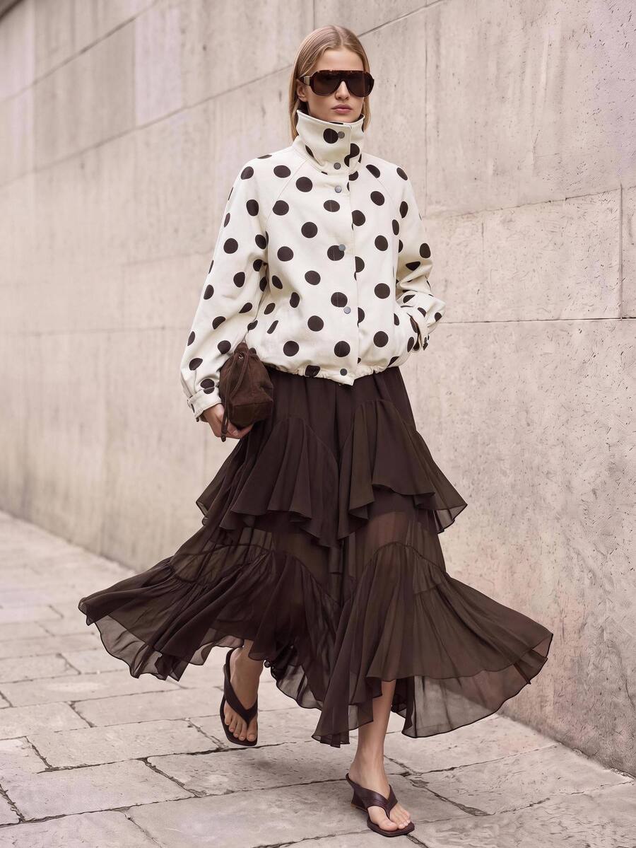 Ontre Rok dengan Hiasan Ruffle dan Hem Asimetris untuk Pesta Teh, Formal, Kerja, Pesta Kebun, Cokelat Tua, Musim Gugur, Romantis, Kasual, Elegan - Mocha Brown - View 1