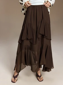Ontre Ruffle Trim Asymmetrical Hem Skirt Tea Party Formal Work Garden Party Dark Brown Autumn Romantic Casual Elegant - Mocha Brown - View 4