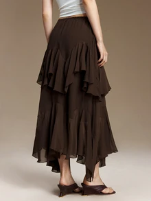 Ontre Ruffle Trim Asymmetrical Hem Skirt Tea Party Formal Work Garden Party Dark Brown Autumn Romantic Casual Elegant - Mocha Brown - View 5