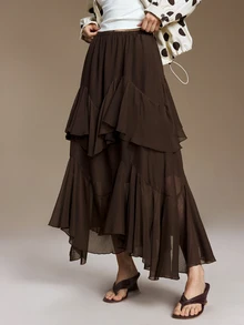 Ontre Ruffle Trim Asymmetrical Hem Skirt Tea Party Formal Work Garden Party Dark Brown Autumn Romantic Casual Elegant - Mocha Brown - View 3