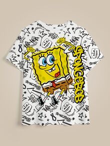 SpongeBob SquarePants | SHEIN Kaos Kasual Lengan Pendek Leher Bulat Motif Kartun Huruf untuk Wanita Ukuran Besar - Putih - View 7