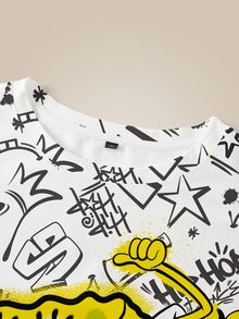 SpongeBob SquarePants | SHEIN Kaos Kasual Lengan Pendek Leher Bulat Motif Kartun Huruf untuk Wanita Ukuran Besar - Putih - View 3