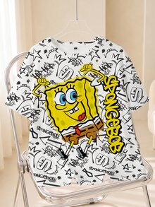 SpongeBob SquarePants | SHEIN Kaos Kasual Lengan Pendek Leher Bulat Motif Kartun Huruf untuk Wanita Ukuran Besar - Putih - View 1