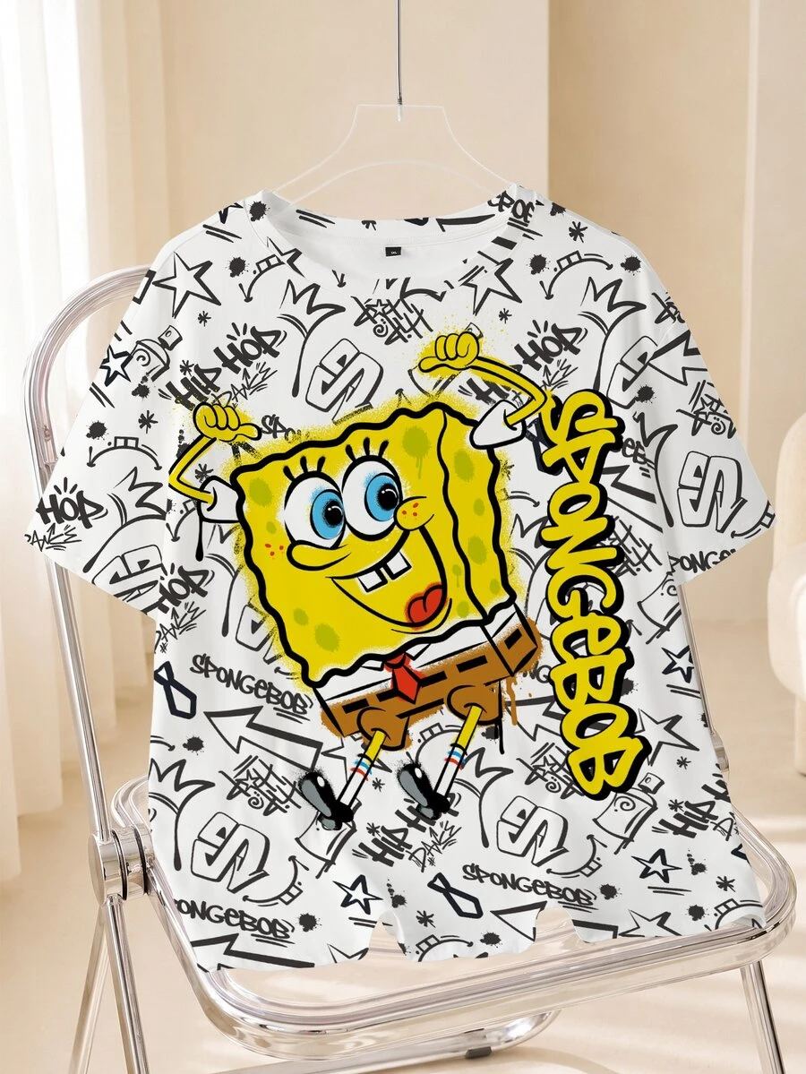 SpongeBob SquarePants | SHEIN Kaos Kasual Lengan Pendek Leher Bulat Motif Kartun Huruf untuk Wanita Ukuran Besar - Putih - View 1