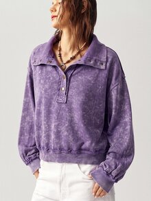 Bohemela Women's Solid Color Casual Daily Long Sleeve Sweatshirt - Purple - View 4