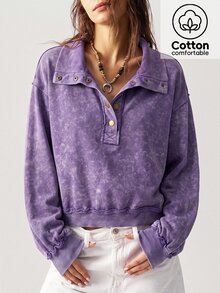 Bohemela Women's Solid Color Casual Daily Long Sleeve Sweatshirt - Purple - View 2