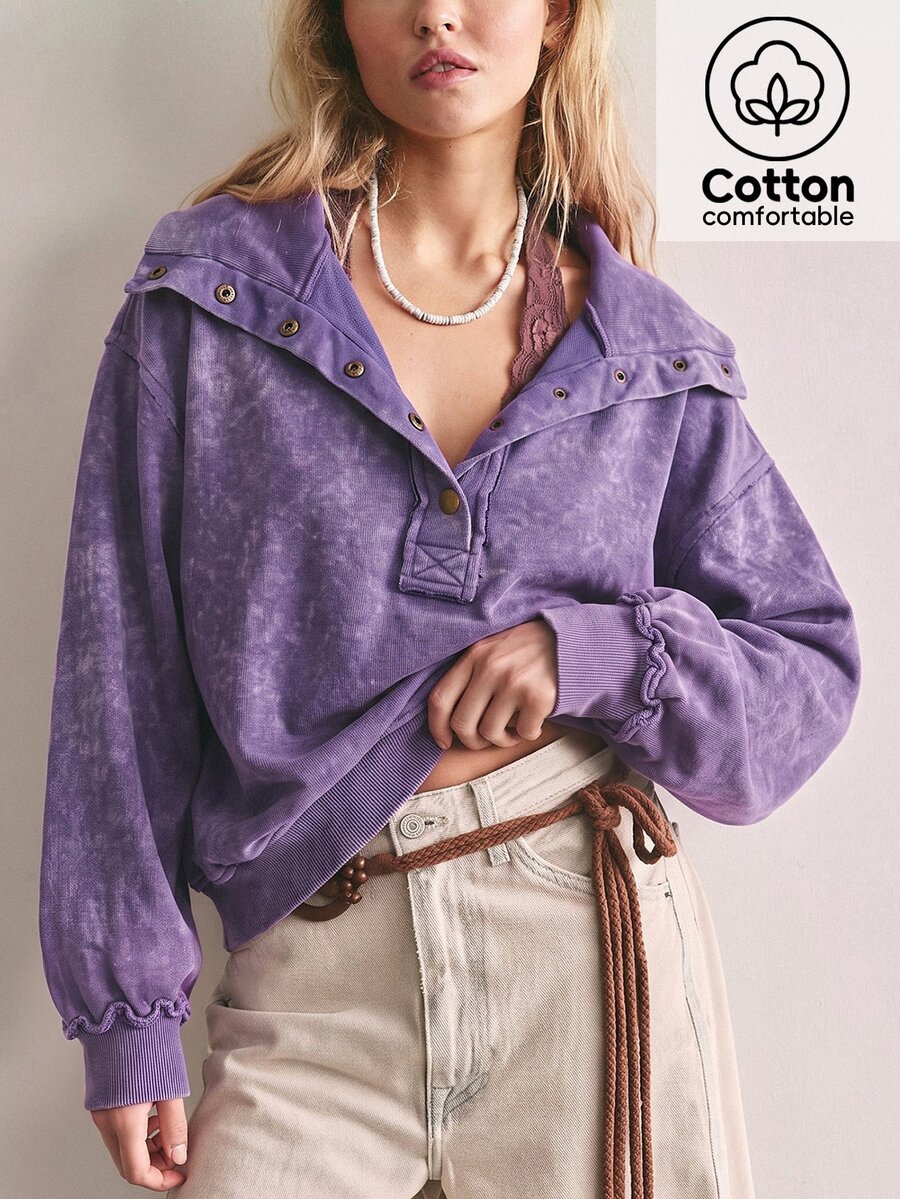 Bohemela Women's Solid Color Casual Daily Long Sleeve Sweatshirt - Purple - View 1
