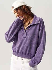 Bohemela Women's Solid Color Casual Daily Long Sleeve Sweatshirt - Purple - View 6
