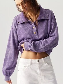 Bohemela Women's Solid Color Casual Daily Long Sleeve Sweatshirt - Purple - View 5