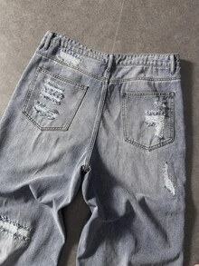 ROMWE MEN Street Life Men's Letter Print Distressed Wide Leg Denim Jeans With Pockets - Blue - View 7