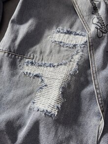 ROMWE MEN Street Life Men's Letter Print Distressed Wide Leg Denim Jeans With Pockets - Blue - View 9